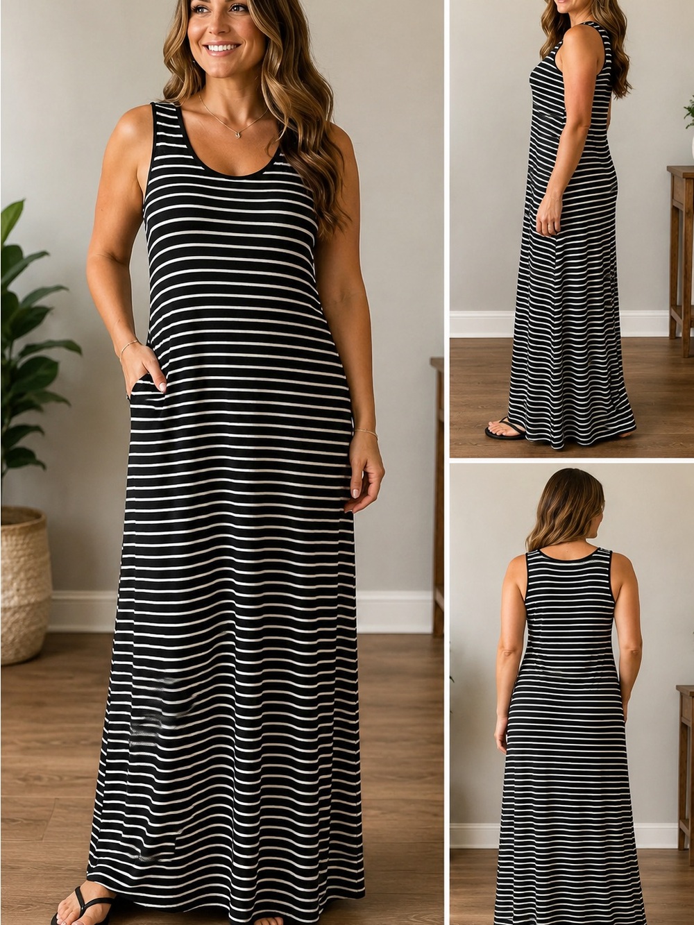 Go Couture Black and White Striped Sleeveless Maxi Dress Size XL Preowned
